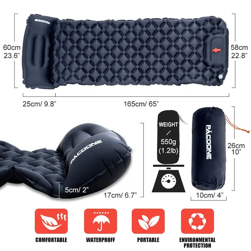 Outdoor Camping Inflatable Mattress with Pillow – Ultralight Air Mat with Built-In Pump for Hiking
