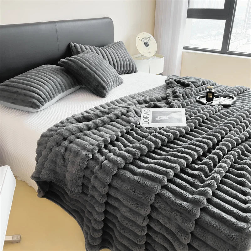 Wide Stripe Coral Fleece Multifunctional Blanket – Bed Sheet, Nap & Pet Blanket, 9 Colors & 5 Sizes