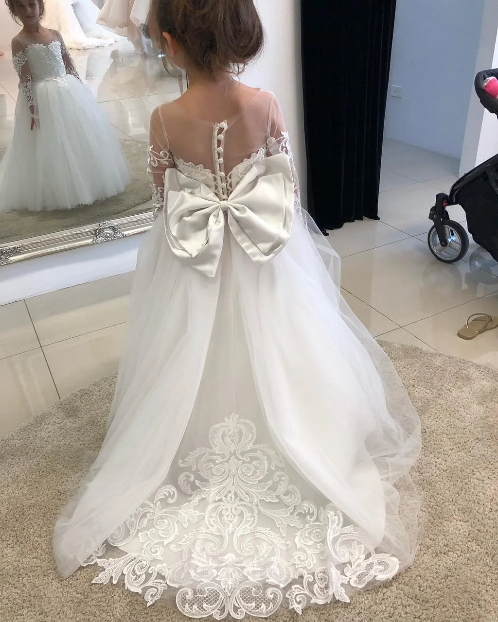 Long Sleeve Flower Girl Dress — White Lace Tulle First Communion & Bridesmaid Dress