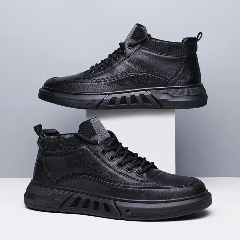 Men's Black Bonded Leather High-Top Shoes