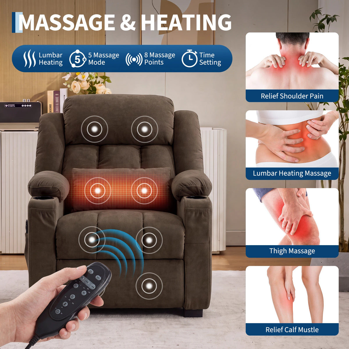 Power Recliner with Heat, Massage & 22-Inch Seat