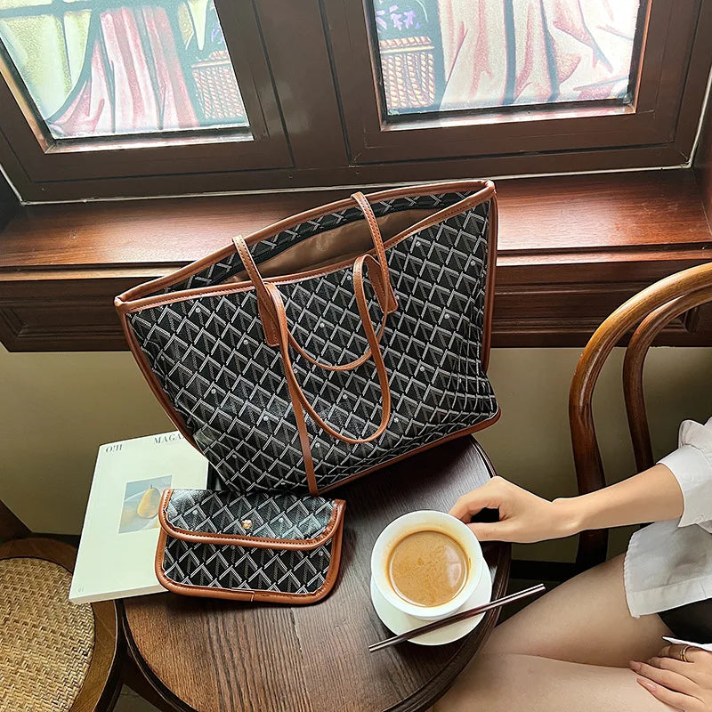 Embroidered Geometric PU Tote Shoulder Bag – Versatile Large Capacity Shopping Class Bag for Women