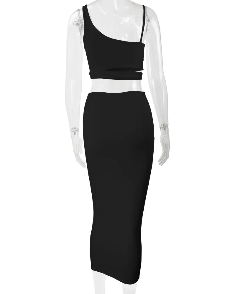 Sexy Pleated Hollow-Out Two-Piece Dress — Elegant Long Night Party Dress