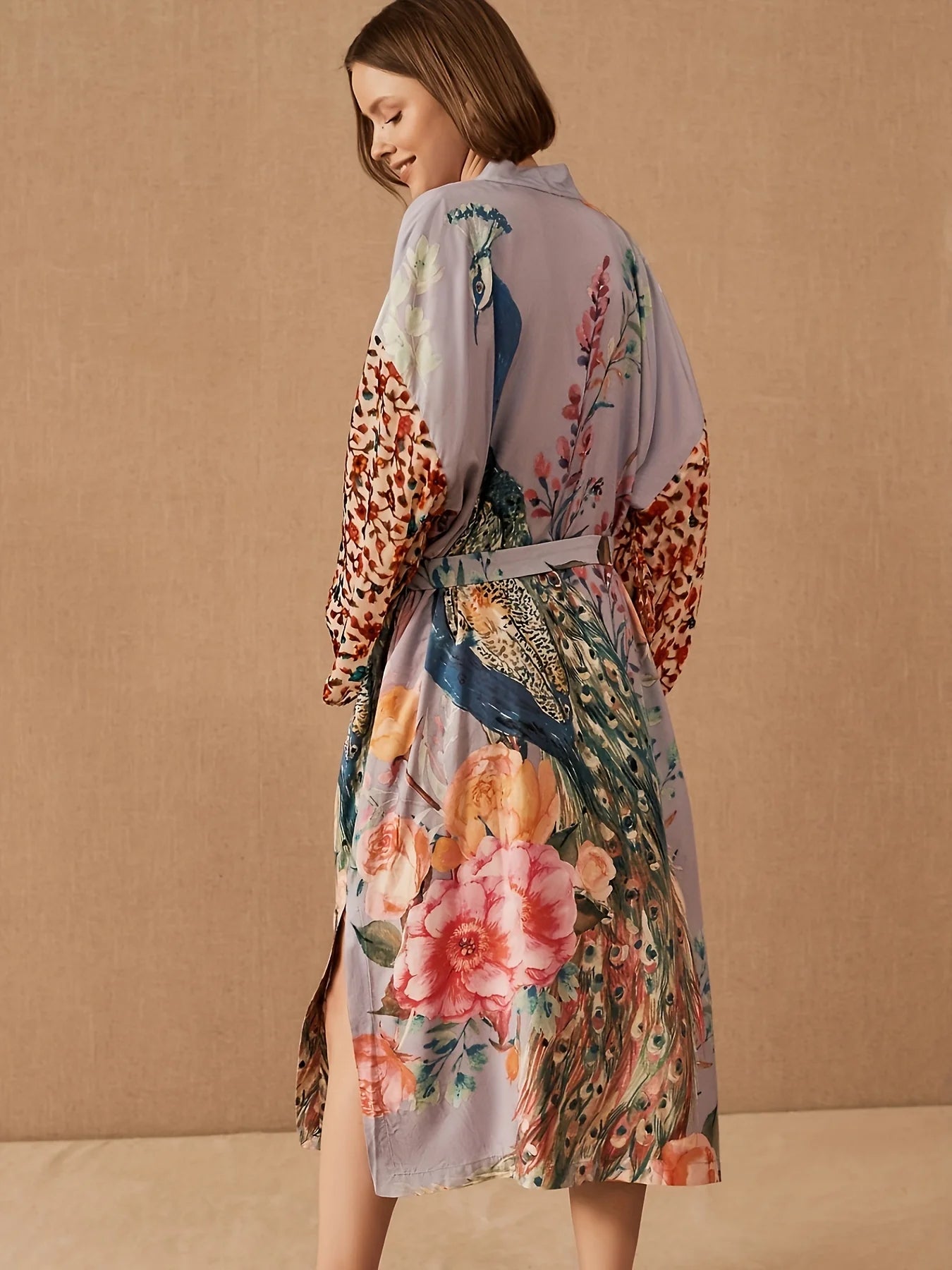 Peacock Print Beach Kimono Cover-Up — Self-Belted Wrap Dress Swimsuit Cover