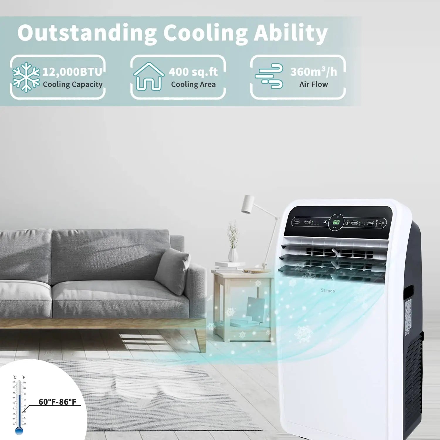 12000 BTU Portable Air Conditioner WiFi Cool Fan Dehumidifier 450 SqFt Remote 24H Timer Install Kit, Custom