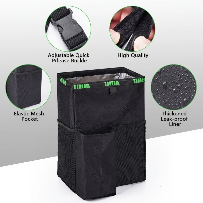 Black trash bin with features highlighted on a gray background