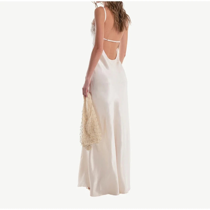 Lace Patchwork Satin Maxi Gown — V-Neck Sleeveless Backless Evening Dress