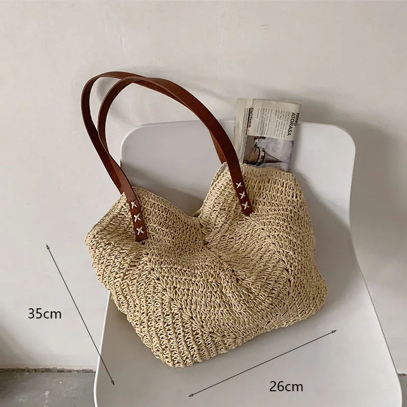 Handmade Straw Rattan Woven Tote Bag – Bohemian Beaded Summer Beach Shoulder Bag for Women