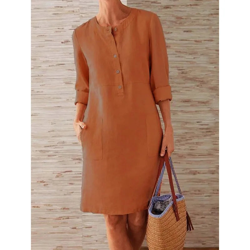 Women's Cotton Linen Tunic Dress – Long Sleeve Vintage Straight Oversized Casual Dress