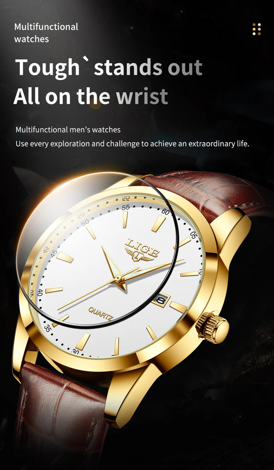 LIGE Men's Brown Leather Chronograph Watch | Military Sport Casual Waterproof Quartz Wristwatch