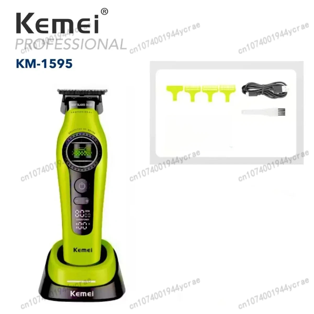 Kemei KM-1593 / KM-1595 Brushless Hair Clipper – DLC Blade, 8000 RPM, 200-Min Runtime, USB-C