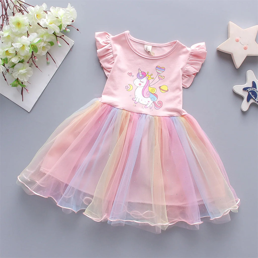 Baby Girl Sleeveless Casual Dress — Rainbow Mesh Print (0–3 Years)