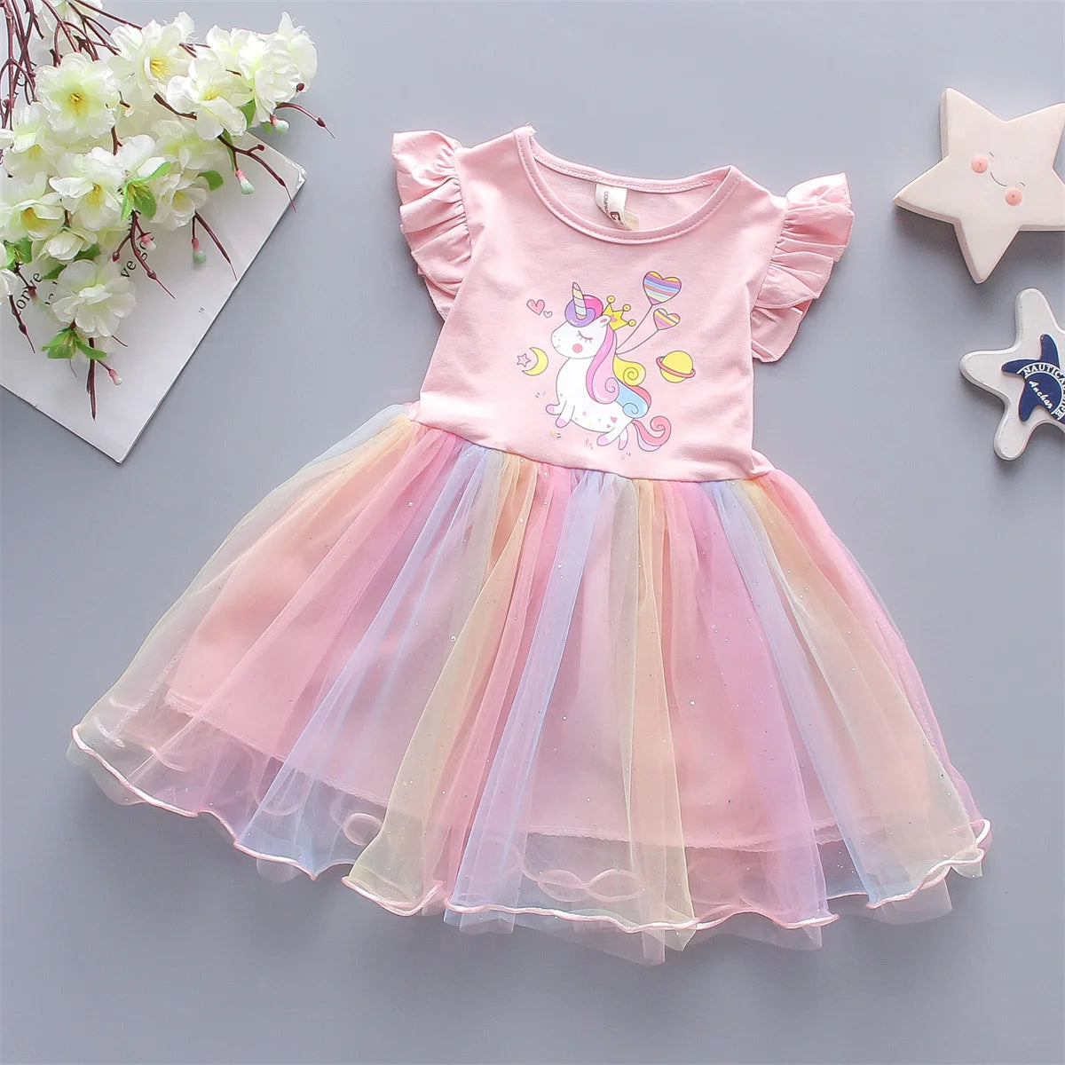 Baby Girl Sleeveless Casual Dress — Rainbow Mesh Print (0–3 Years)
