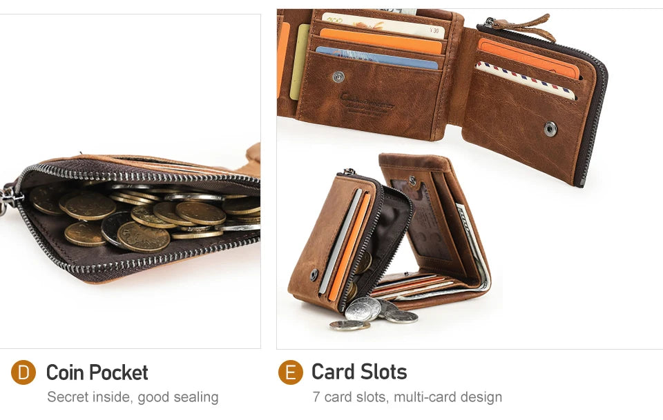 Genuine Cowhide Leather Men's Trifold Wallet – Vintage Crazy Horse Leather Zip Coin Pocket Purse