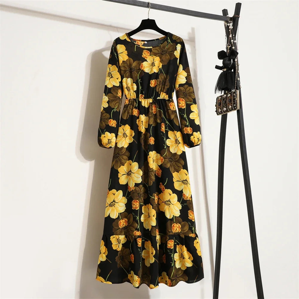 Full Sleeve Floral Geometry Print Boho Beach Party Dress — O-Neck Casual Maxi Dress