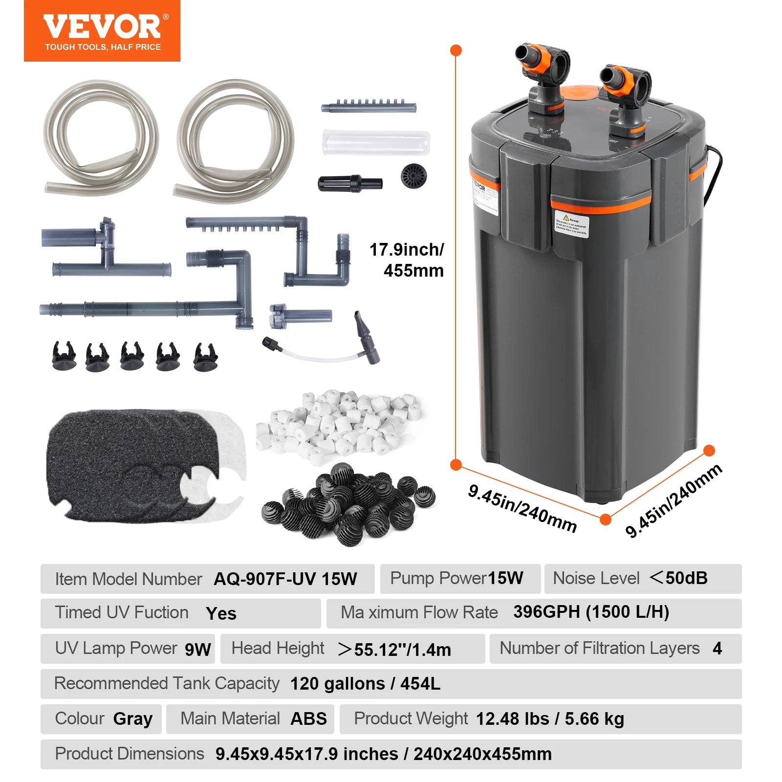 Aquarium Canister Filter 264GPH — 3-Stage Ultra-Quiet with UV Protection for Fish Tanks