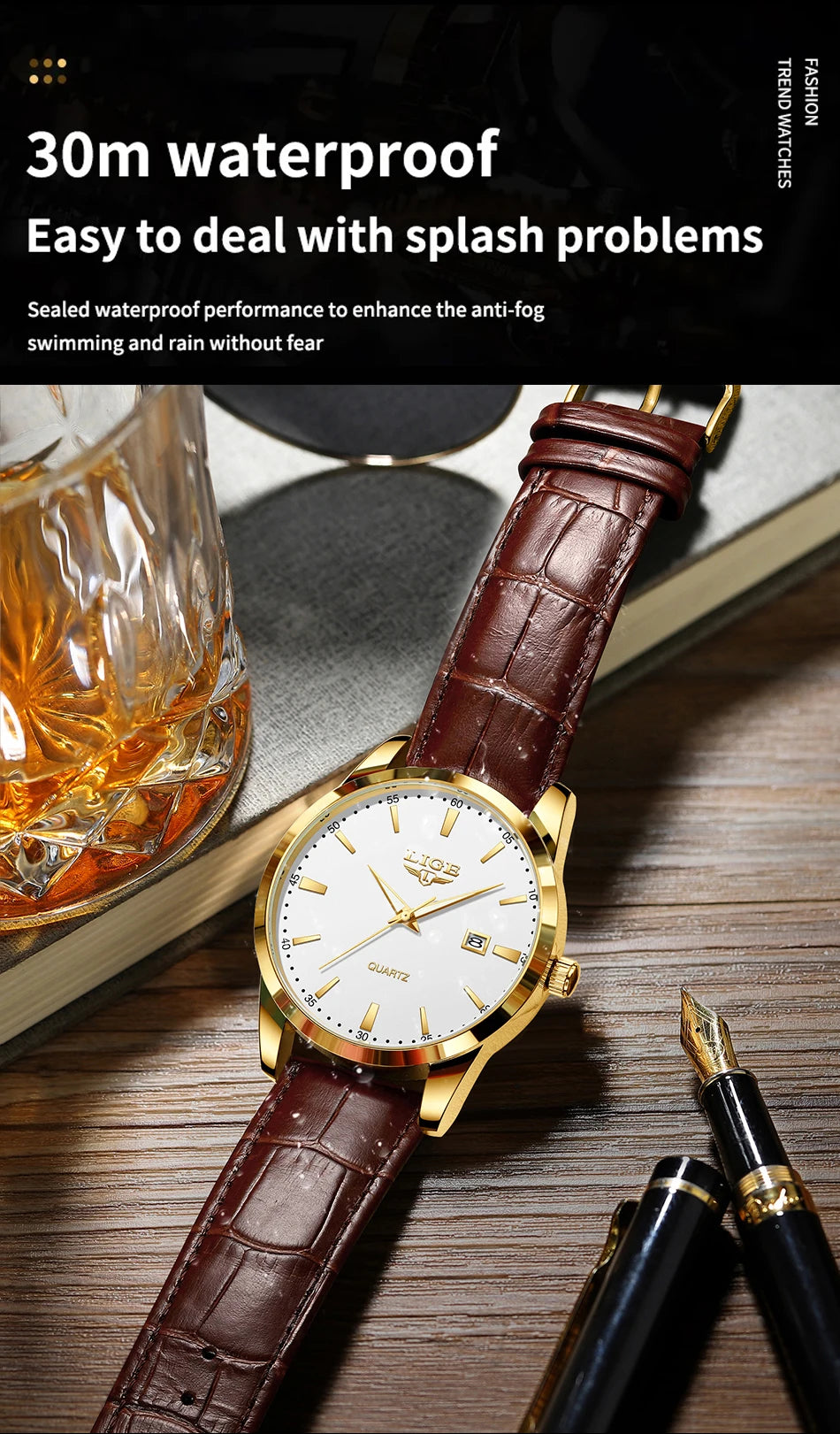 LIGE Men's Brown Leather Chronograph Watch | Military Sport Casual Waterproof Quartz Wristwatch