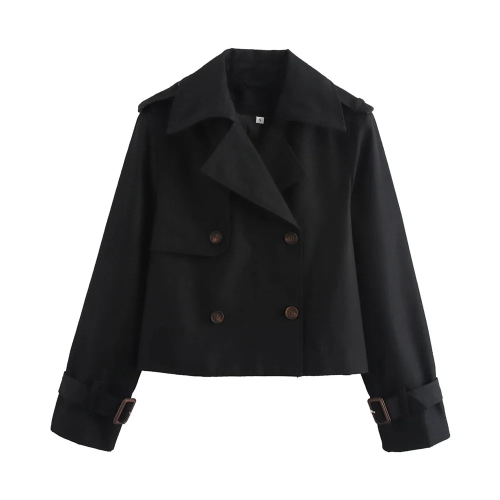Women's Vintage Cropped Trench Jacket – Double-Breasted High-Waist Streetwear Coat
