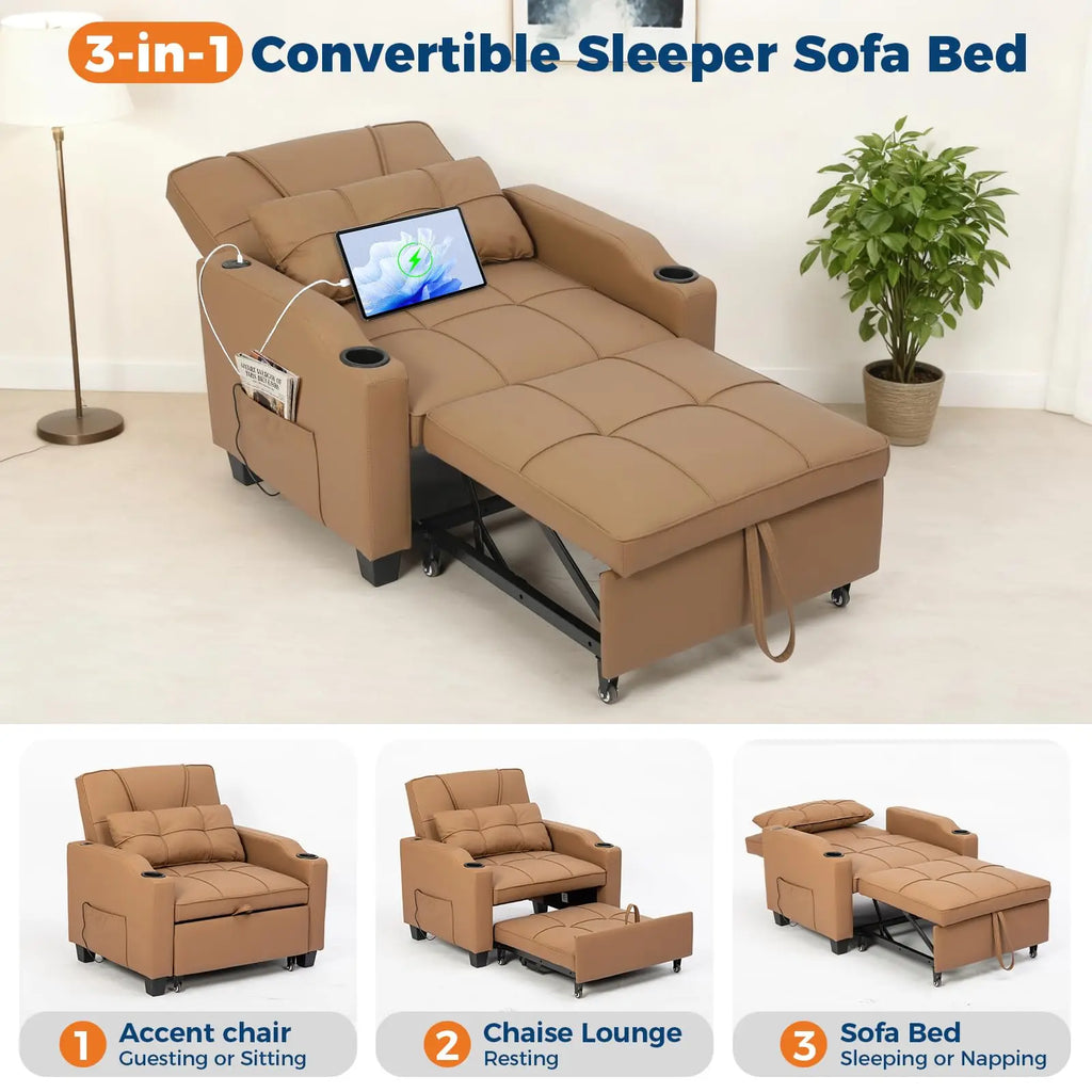 3-in-1 Convertible Sleeper Chair Bed with Massage & USB Charging