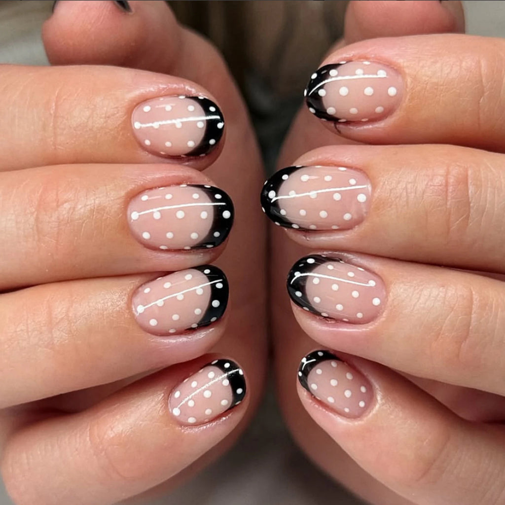 French Press-On Nails – 24-Piece Short Round False Nail Tips, Black & White Polka Dot & Nude Designs, 4 Styles