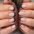 French Press-On Nails – 24-Piece Short Round False Nail Tips, Black & White Polka Dot & Nude Designs, 4 Styles