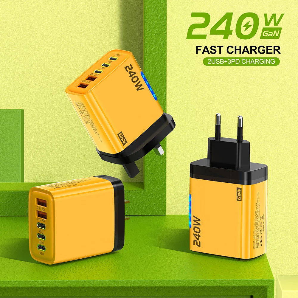 Charge 5 Devices at Once. — 5-Port USB-C PD GaN Charger | 240W Max, Quick Charge 3.0, iPhone 16/15, Samsung, Xiaomi, Huawei, US & EU Plug