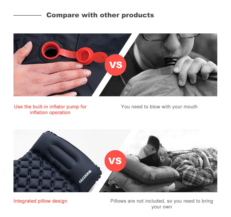 Outdoor Camping Inflatable Mattress with Pillow – Ultralight Air Mat with Built-In Pump for Hiking