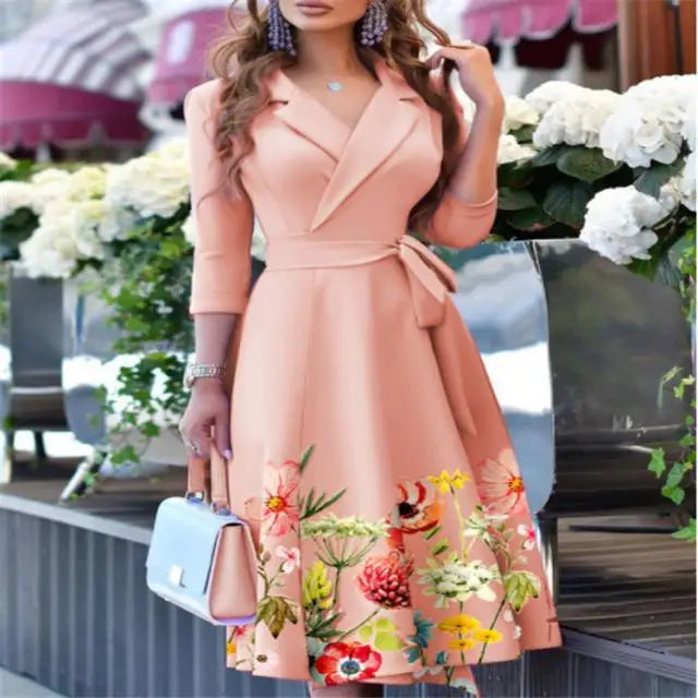 Women's Floral Printed Dress Turn-down Collar Ladies Fashion Elegant  Midi Dresses Vestidos Femenino Платье Женское Вечернее