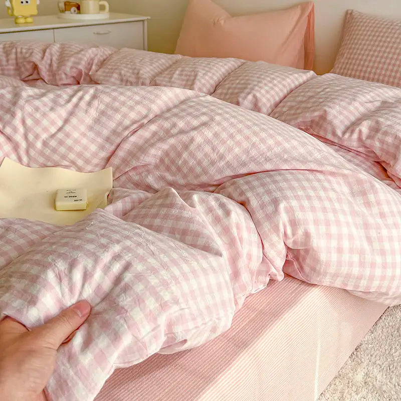 Pink Classic Plaid Duvet Cover Set | Twin & Queen, Flat Sheet & Pillowcase, Soft Home Decor Bedding (No Filler)