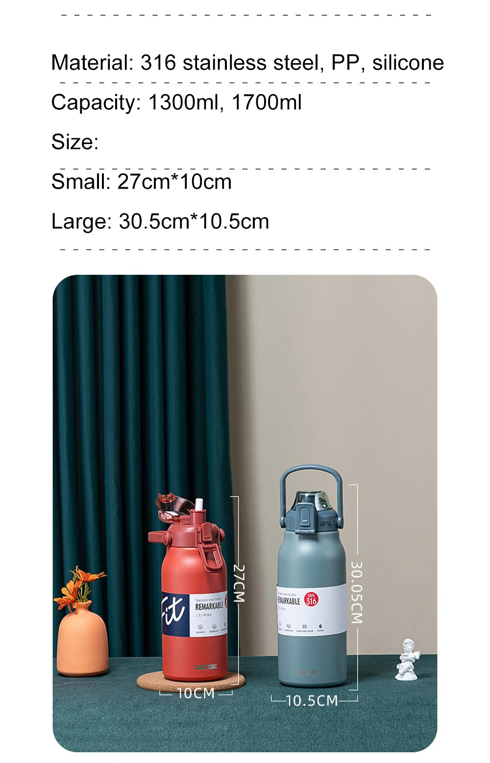 DODGE Large Capacity Vacuum Thermos Bottle with Straw – 1300ml/1700ml, 6–12Hr Insulated, CE/CIQ, 7 Colors