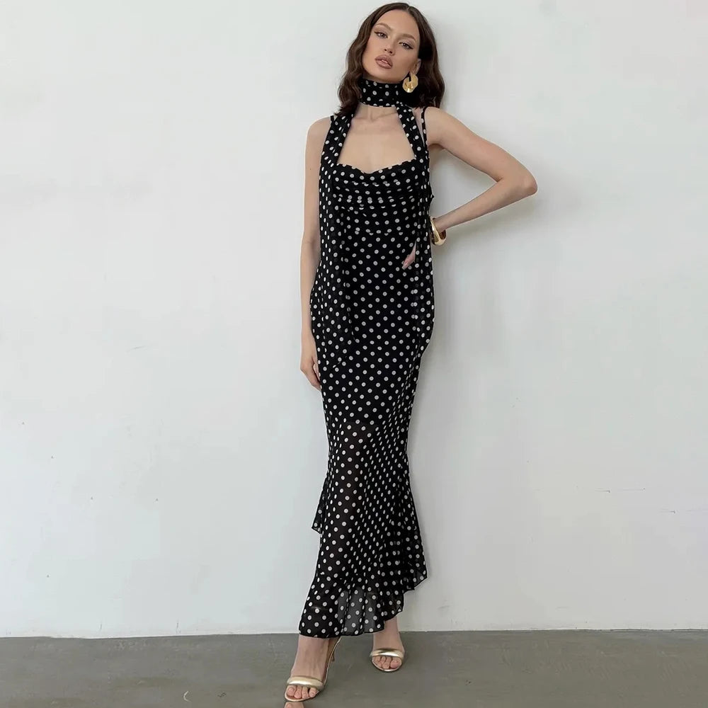 Elegant Polka Dot Halter Pleated Maxi Dress – Ruffle Sleeveless Evening & Party Dress