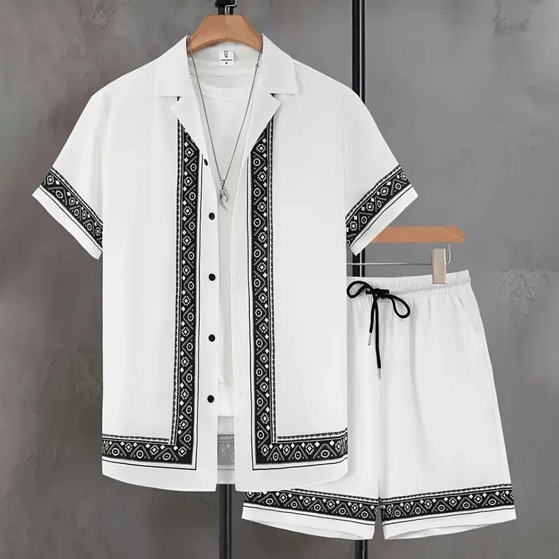 Men's Hawaiian Paisley Print Shirt & Drawstring Shorts Beach Party Set
