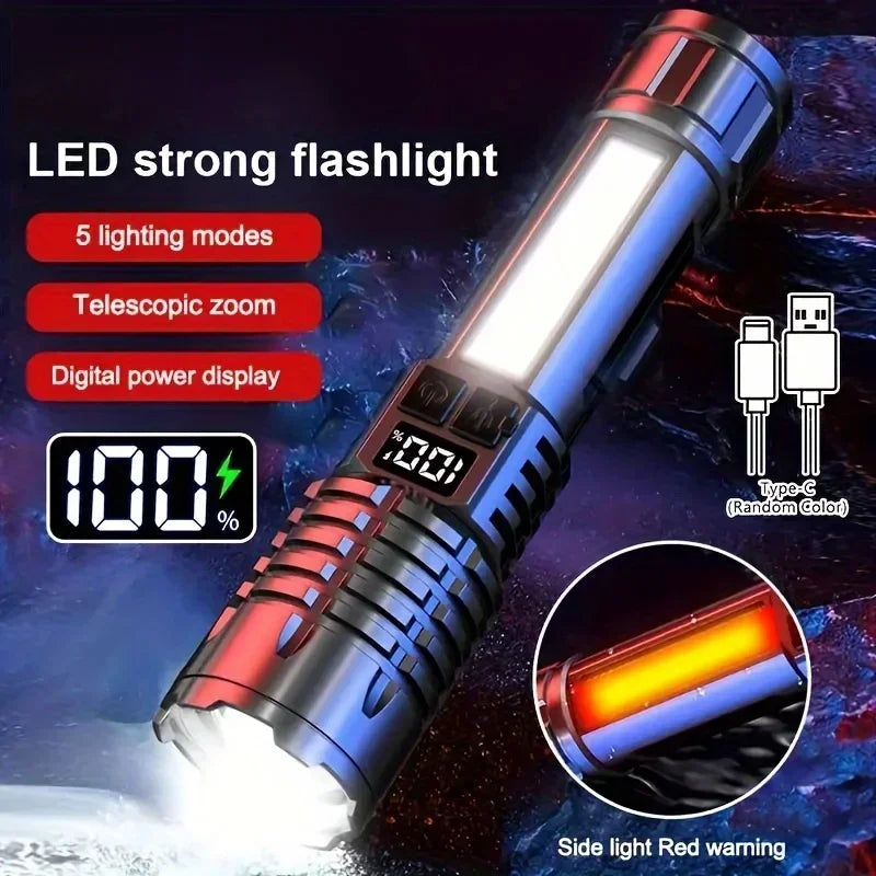 1000 Lumen LED Flashlight with COB Side Lamp – Type-C Rechargeable, 7 Modes, IPX5 Waterproof