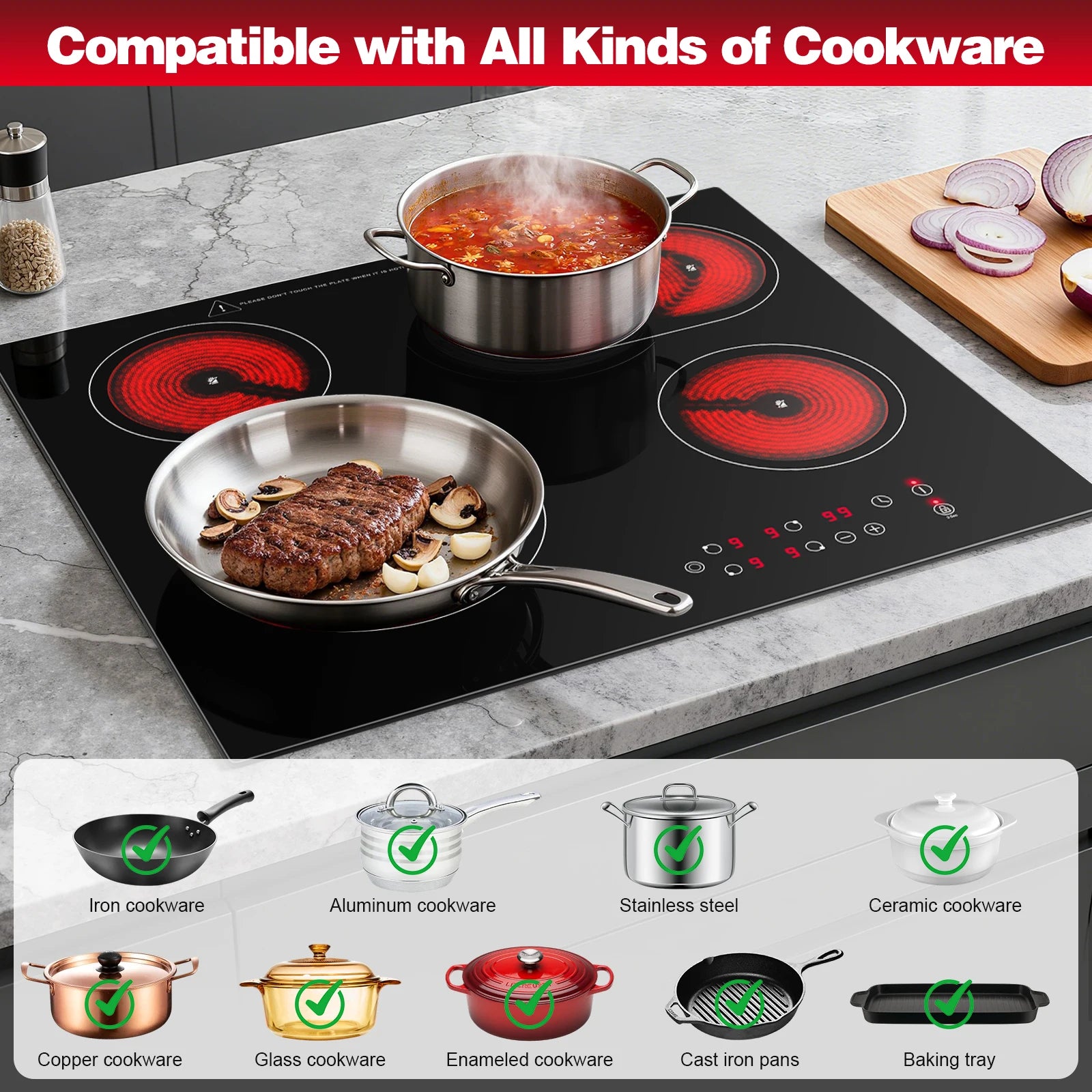 2-Zone Ceramic Hob – 3000W, Child Lock, 9 Heat Levels, 1-99 Min Timer, 60cm Black Glass (CE Certified)