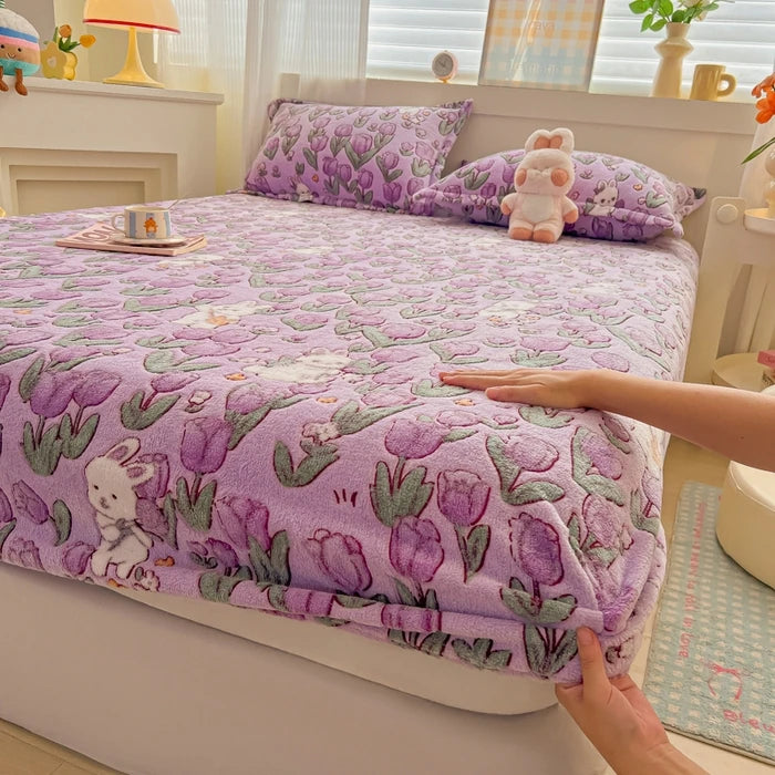 Flannel Fleece Fitted Bed Sheet – Warm Cartoon Purple, Elastic Single to King, Winter Bedsheet