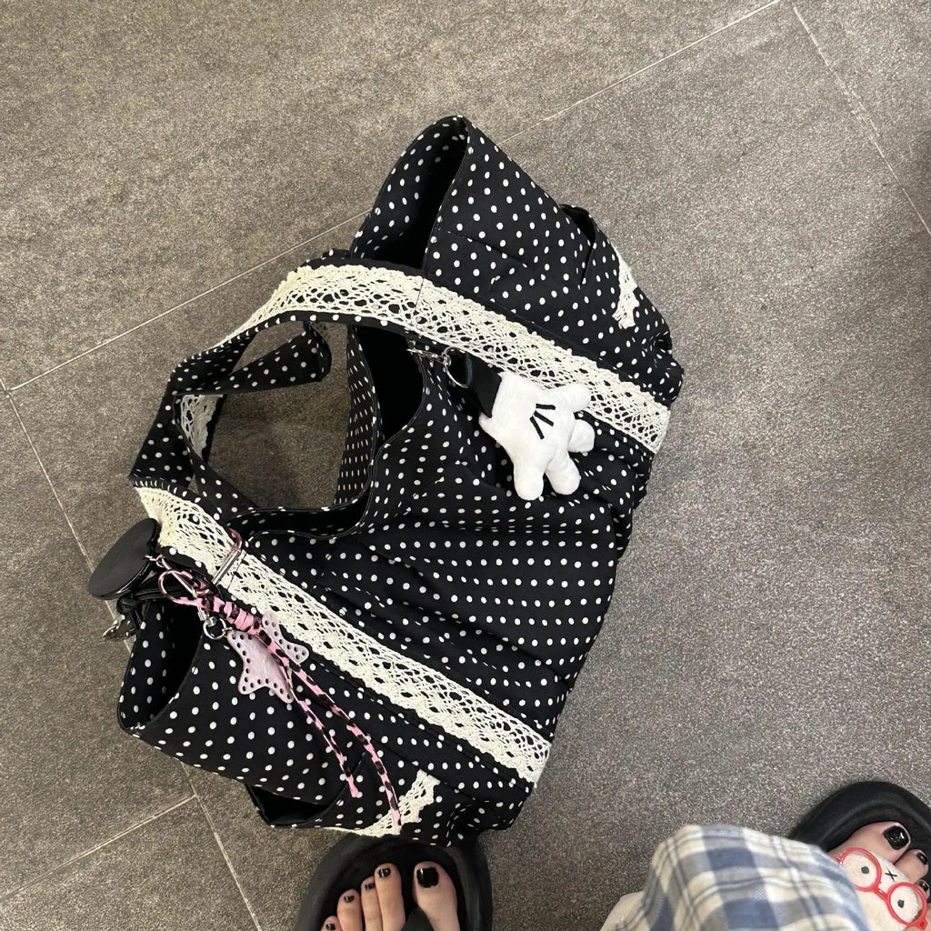 Korean Vintage Canvas Shoulder Bag – Cute Lace Large Capacity Tote & Underarm Handbag for Women