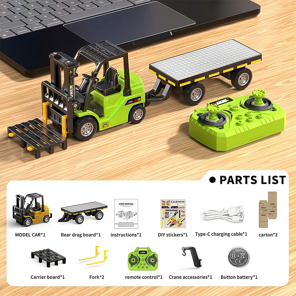 1:64 Mini RC Crane & Forklift 2-in-1 – Bluetooth Alloy Toy Car with Trailer