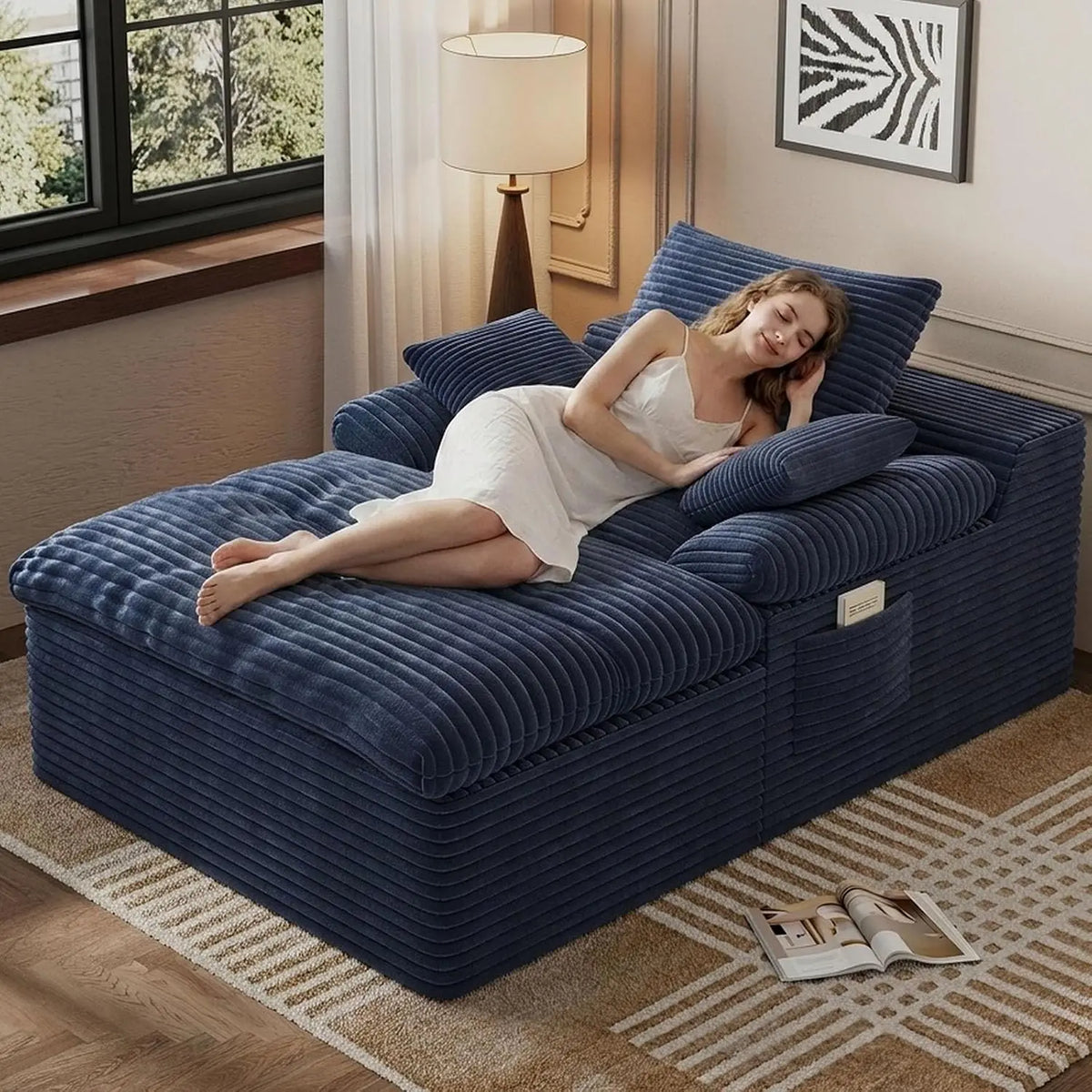 Oversized Corduroy Chaise Lounge with Cup Holders