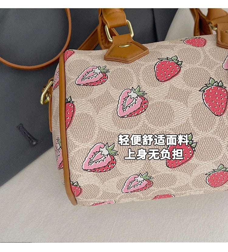Cherry Print PU Leather Boston Crossbody Shoulder Bag – Luxury Designer Handbag for Women