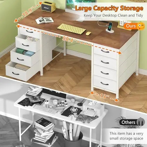 50-Inch Computer Desk with 8 Fabric Drawers & Power Outlets — L-Shape Home Office & Gaming Desk