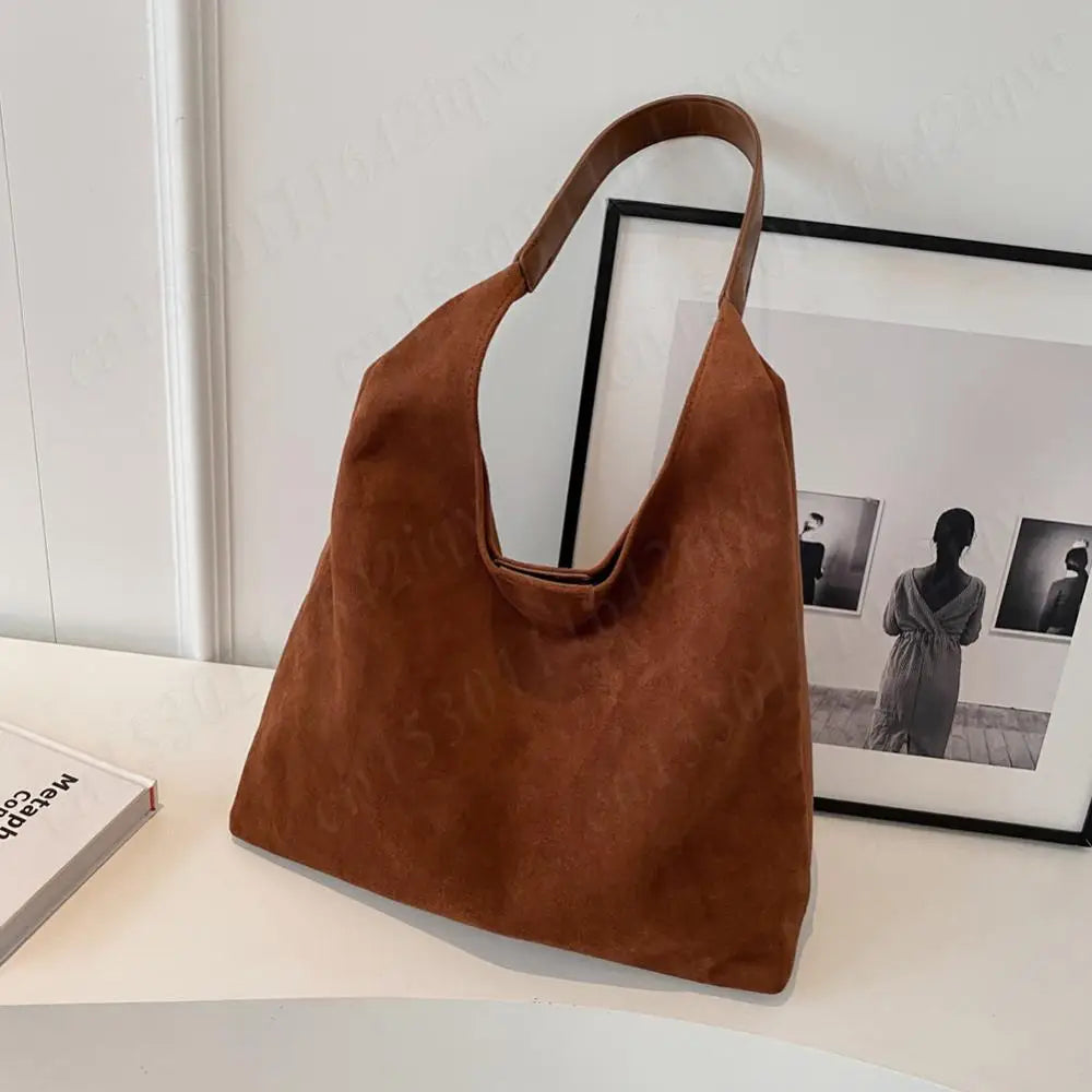 Vintage Suede Large Capacity Shoulder Tote Bag – Stylish Commuter Hobo Handbag for Women