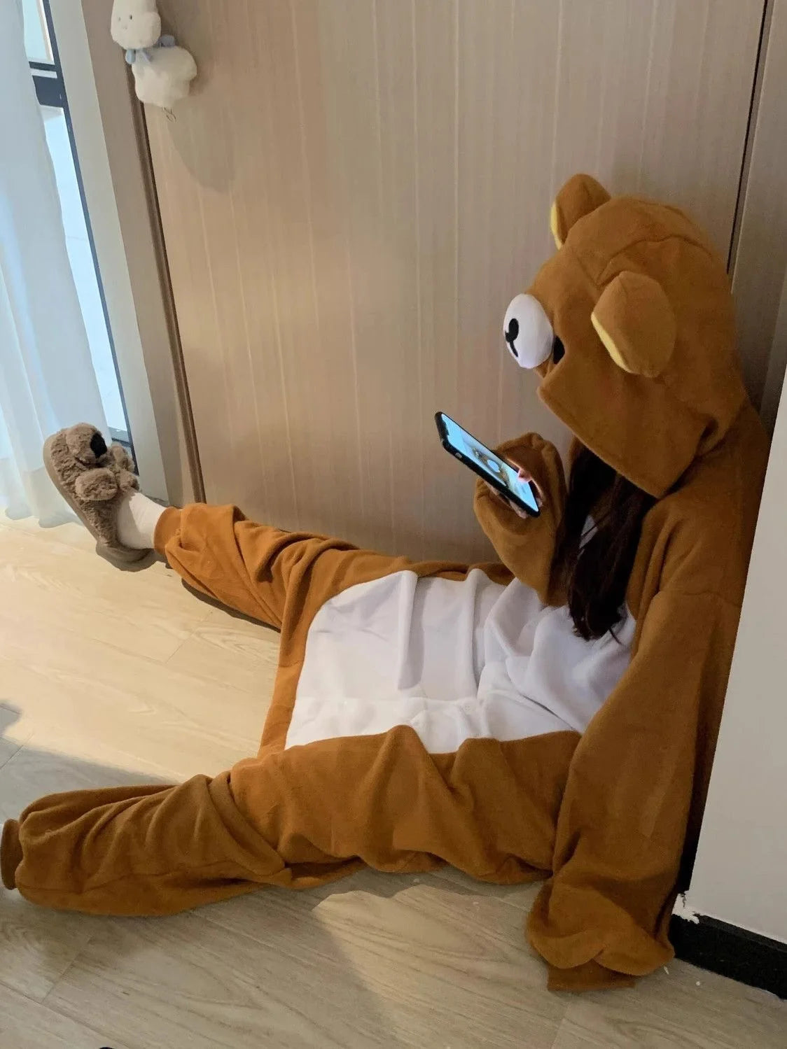 Women's Rilakkuma Bear Hooded Onesie Pajamas | Warm Cartoon Fleece Jumpsuit