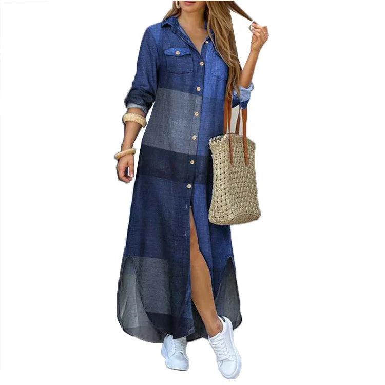 Lapel Literary Print Long Shirt Skirt Dress — Loose Single-Breasted Casual Women's Dress