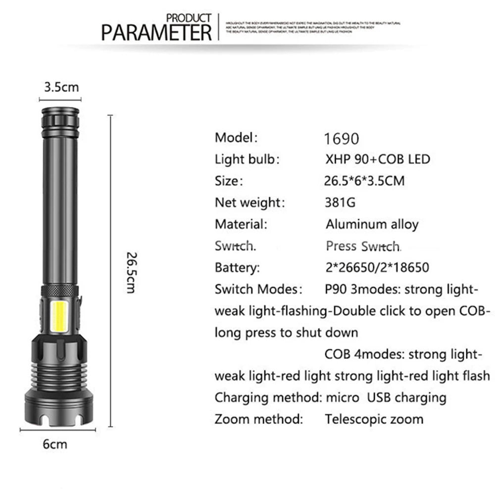 90000 Lumens XHP90 LED Tactical Flashlight – Rechargeable USB Zoomable 7-Mode Torch