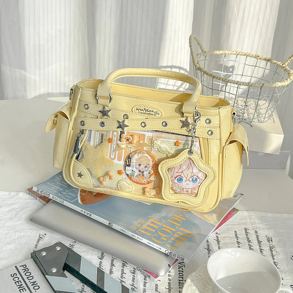 Miyagawa Transparent Rivet PU Tote Bag – Multi-Function Crossbody Shoulder Handbag for Women