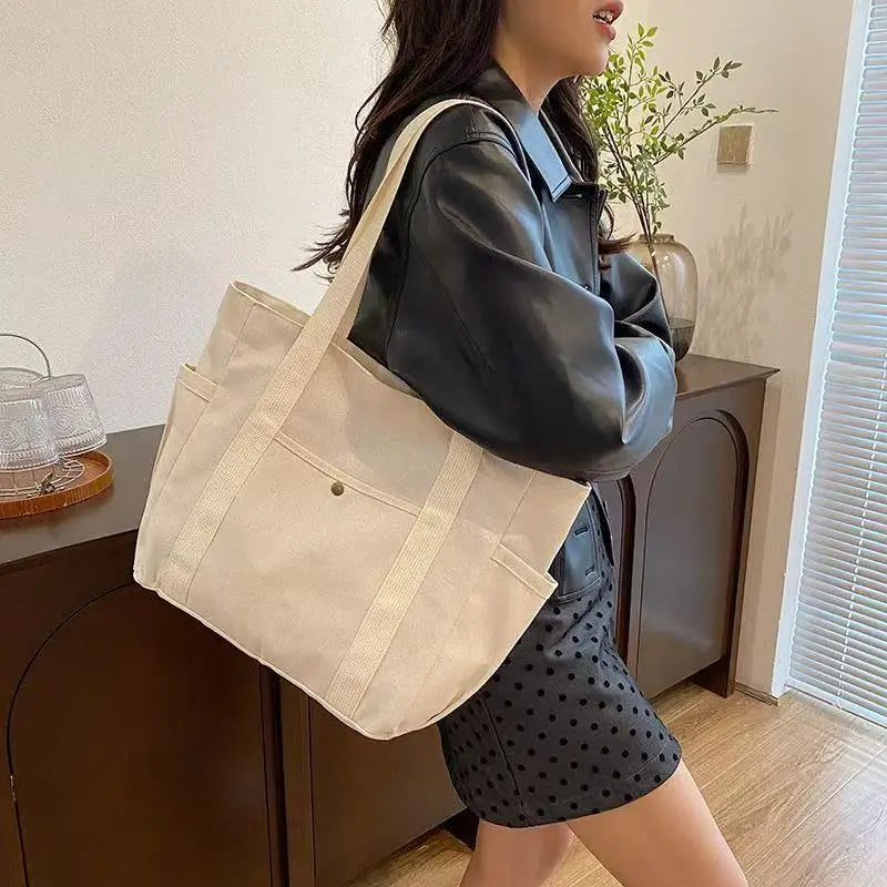 Large Capacity Canvas Tote Bag – College Style Work Commuter Shoulder Bag with Laptop Compartment for Women