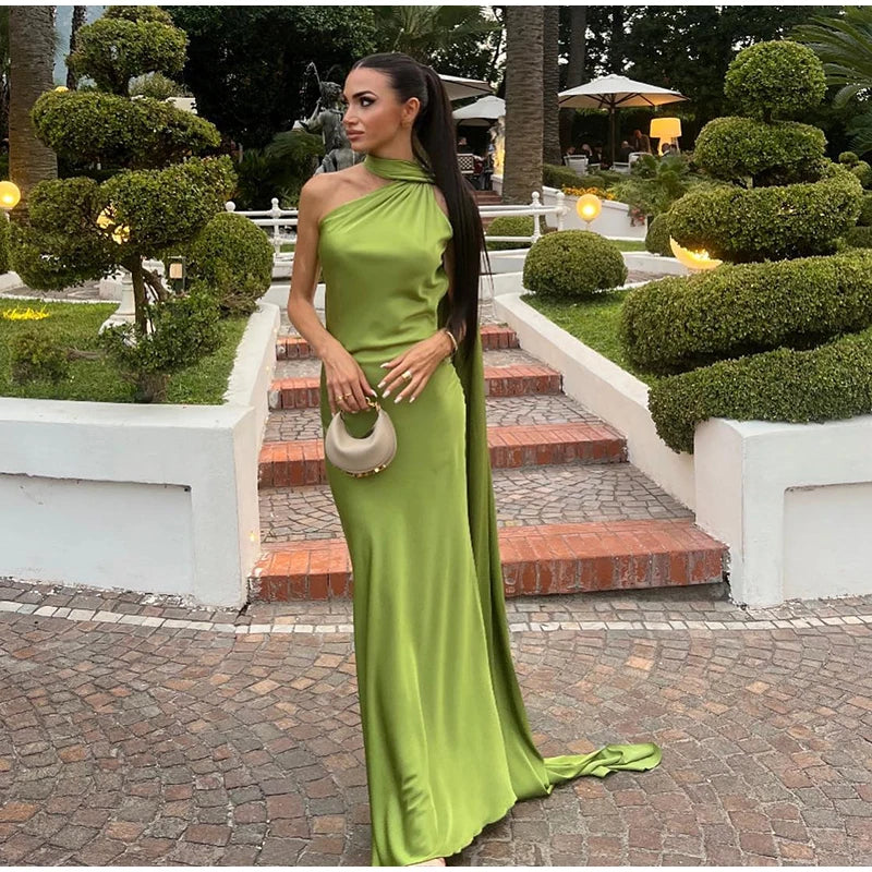 Sexy Satin Halter Backless Party Dress – Off Shoulder Sleeveless Solid Robe Gown 2026