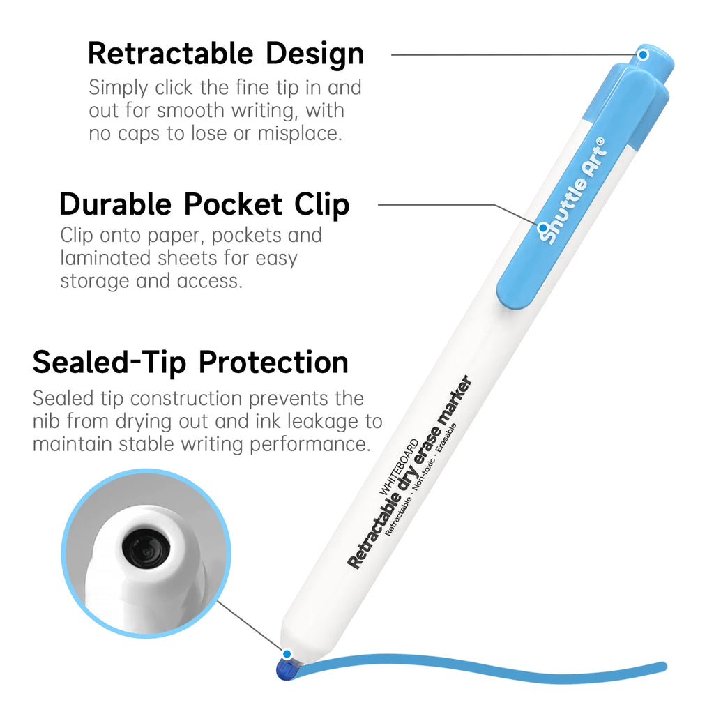 Shuttle Art Retractable Dry Erase Markers, 12 Colors