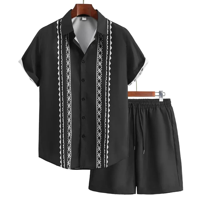Men's Hawaiian Paisley Print Shirt & Drawstring Shorts Beach Party Set