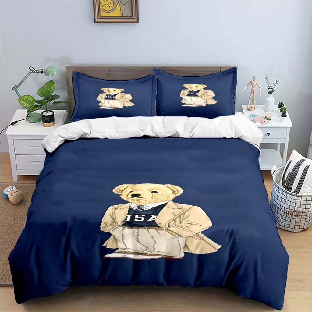 Cute Bear Print Bedding Set – Duvet Cover & Bed Linen, Single to King, Adults & Teens